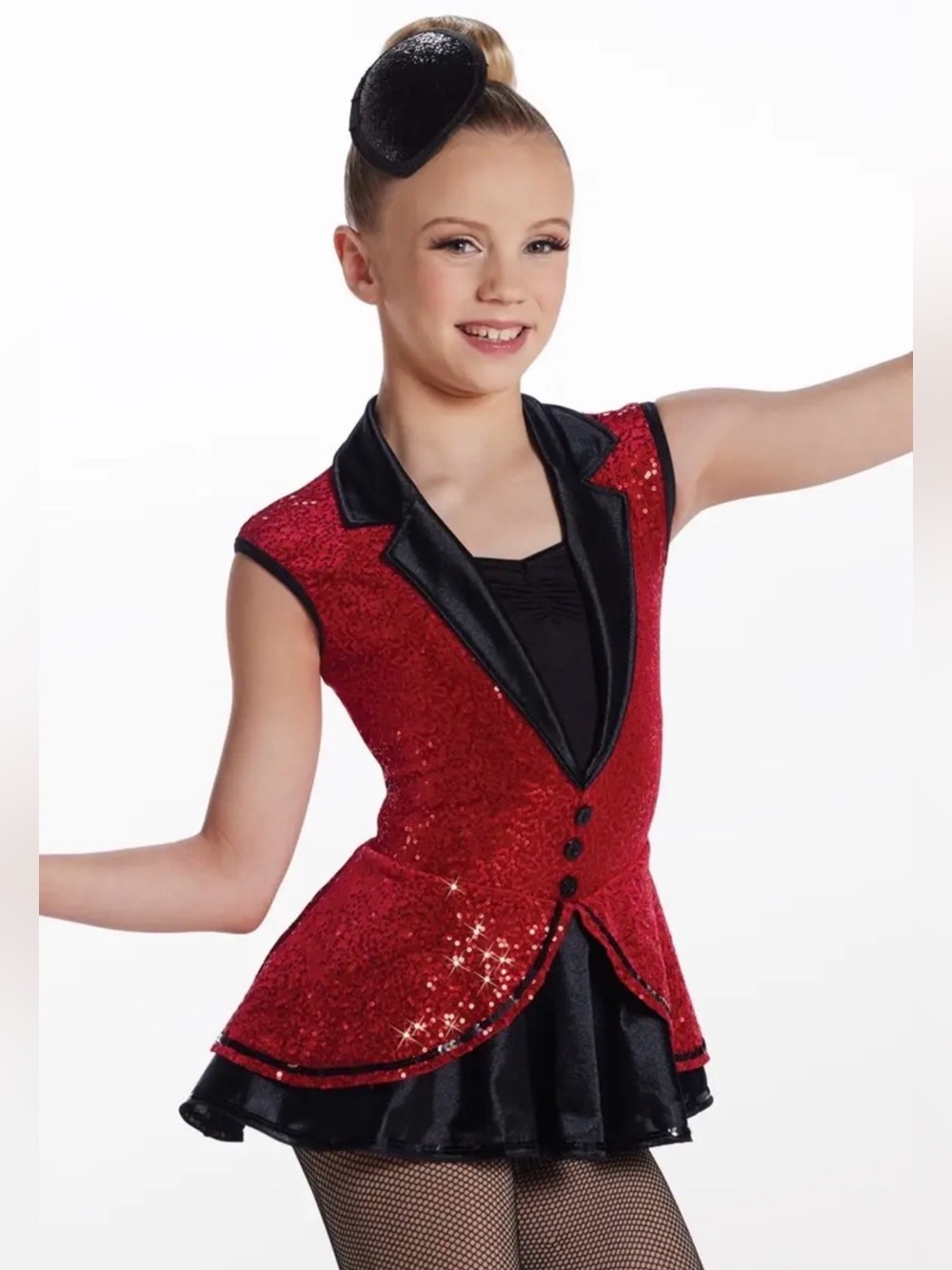 Weissman Red Sequin Dance Dress with Black Satin Trim. Child Large